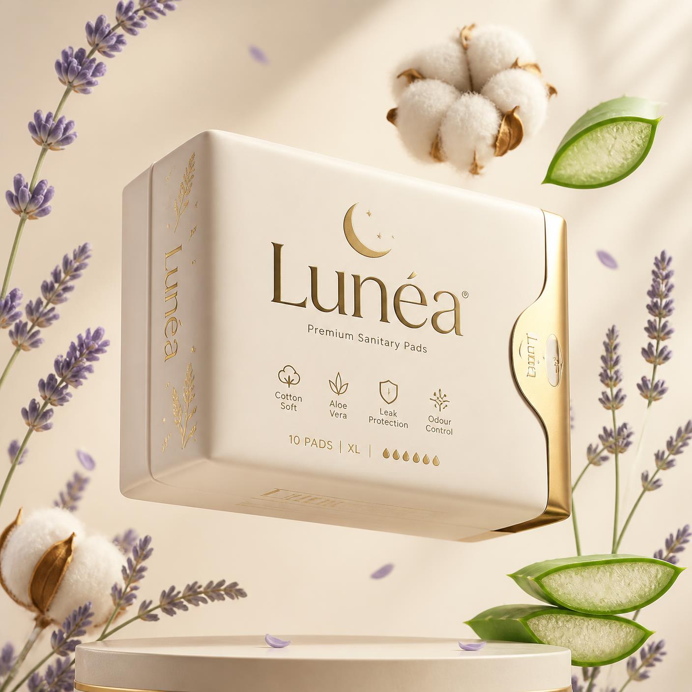 Lunéa premium sanitary pad packaging surrounded by lavender, aloe and cotton