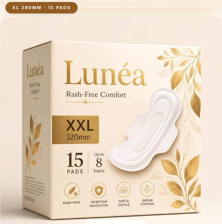 Lunéa retail package — XXL 320mm, 15 pads, individually wrapped, rash-free comfort